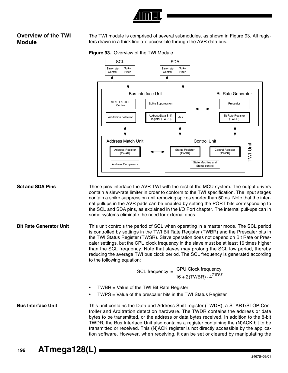 Overview of the twi module, Scl and sda pins, Bit rate generator unit | Bus interface unit, Atmega128(l), Twi unit | Rainbow Electronics ATmega128L User Manual | Page 196 / 331