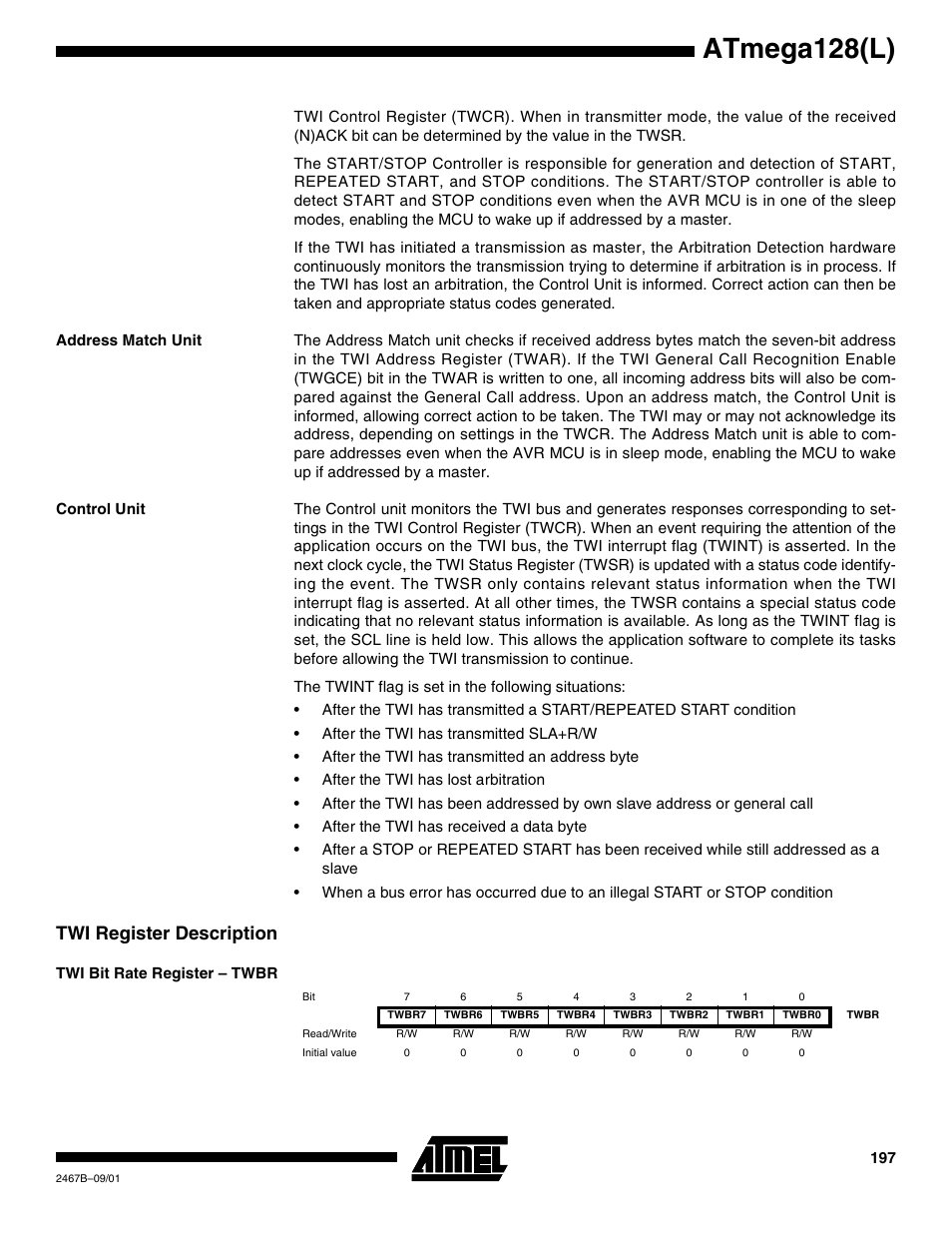 Address match unit, Control unit, Twi register description | Twi bit rate register – twbr, Atmega128(l) | Rainbow Electronics ATmega128L User Manual | Page 197 / 331