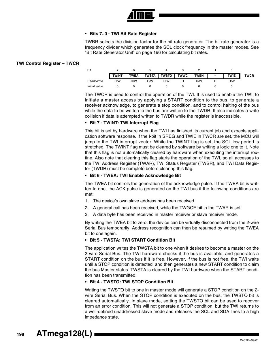 Twi control register – twcr, Atmega128(l) | Rainbow Electronics ATmega128L User Manual | Page 198 / 331