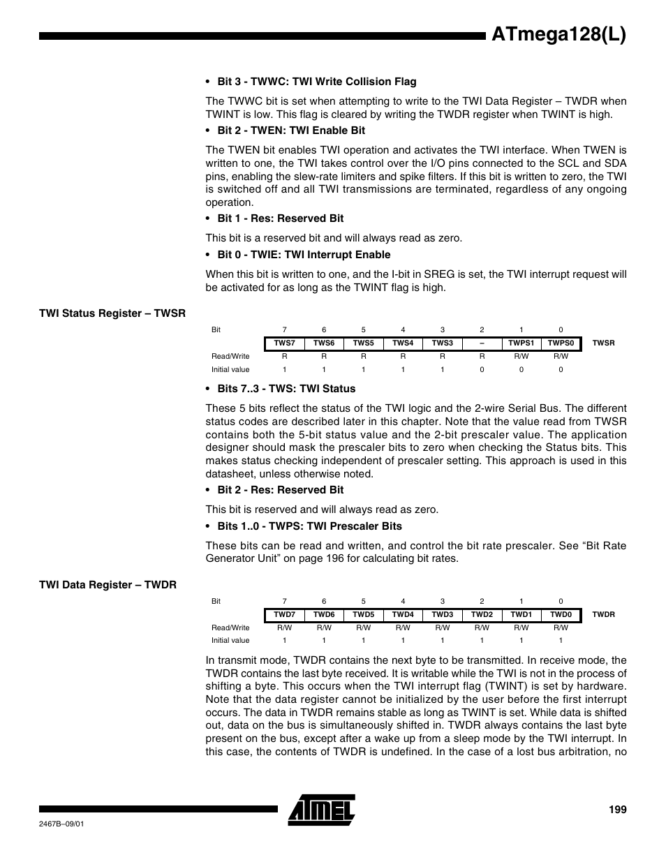 Twi status register – twsr, Twi data register – twdr, Atmega128(l) | Rainbow Electronics ATmega128L User Manual | Page 199 / 331