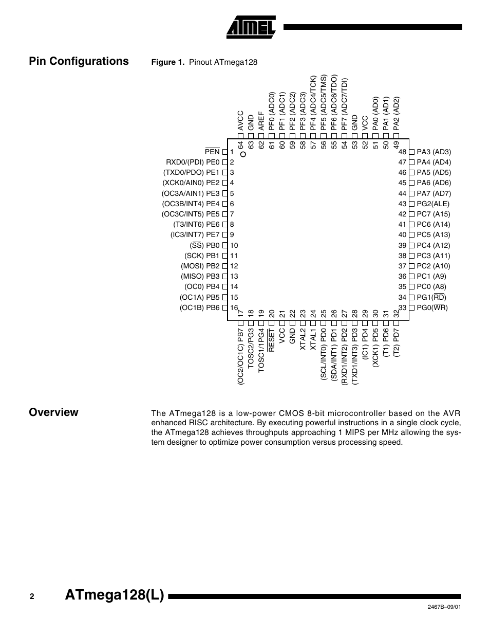 Pin configurations, Overview, Atmega128(l) | Rainbow Electronics ATmega128L User Manual | Page 2 / 331