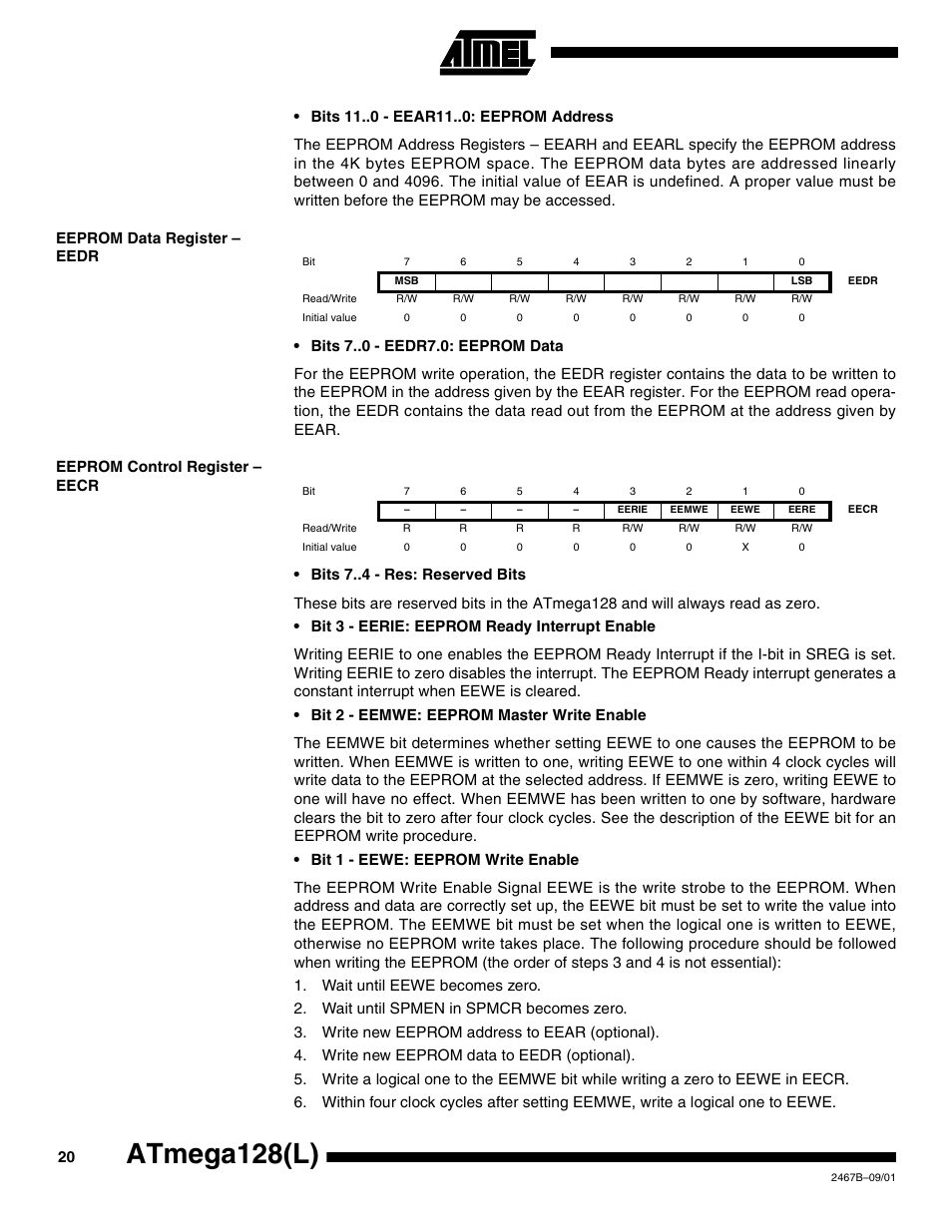 Eeprom data register – eedr, Eeprom control register – eecr, Atmega128(l) | Rainbow Electronics ATmega128L User Manual | Page 20 / 331