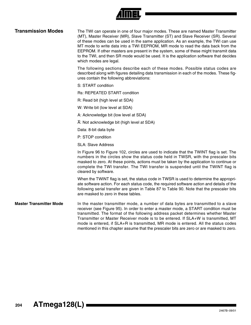 Transmission modes, Master transmitter mode, Atmega128(l) | Rainbow Electronics ATmega128L User Manual | Page 204 / 331