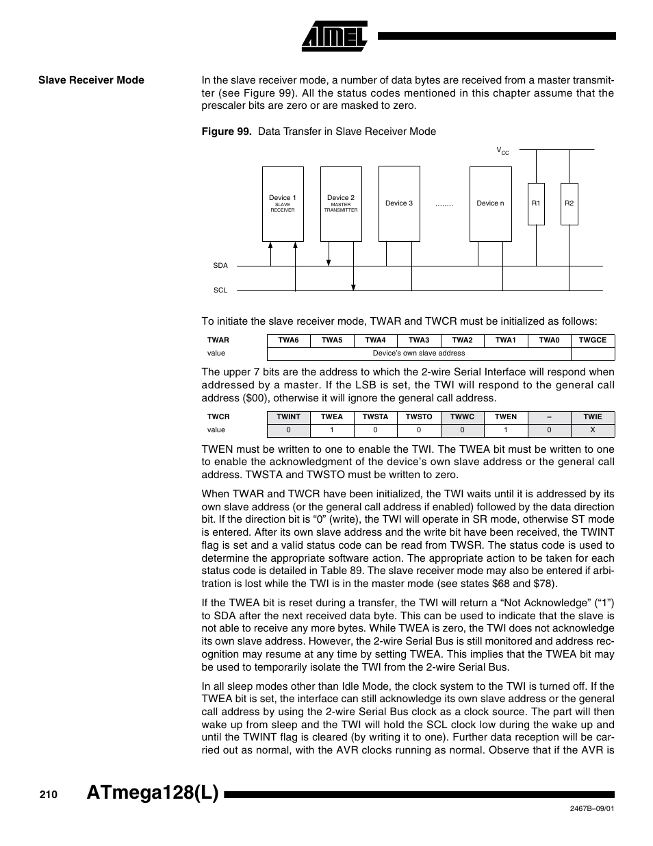 Slave receiver mode, Atmega128(l) | Rainbow Electronics ATmega128L User Manual | Page 210 / 331