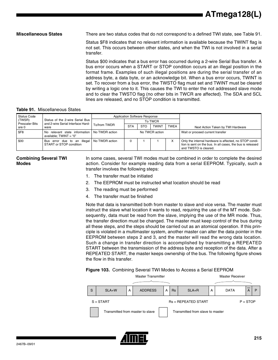 Miscellaneous states, Combining several twi modes, Atmega128(l) | Rainbow Electronics ATmega128L User Manual | Page 215 / 331