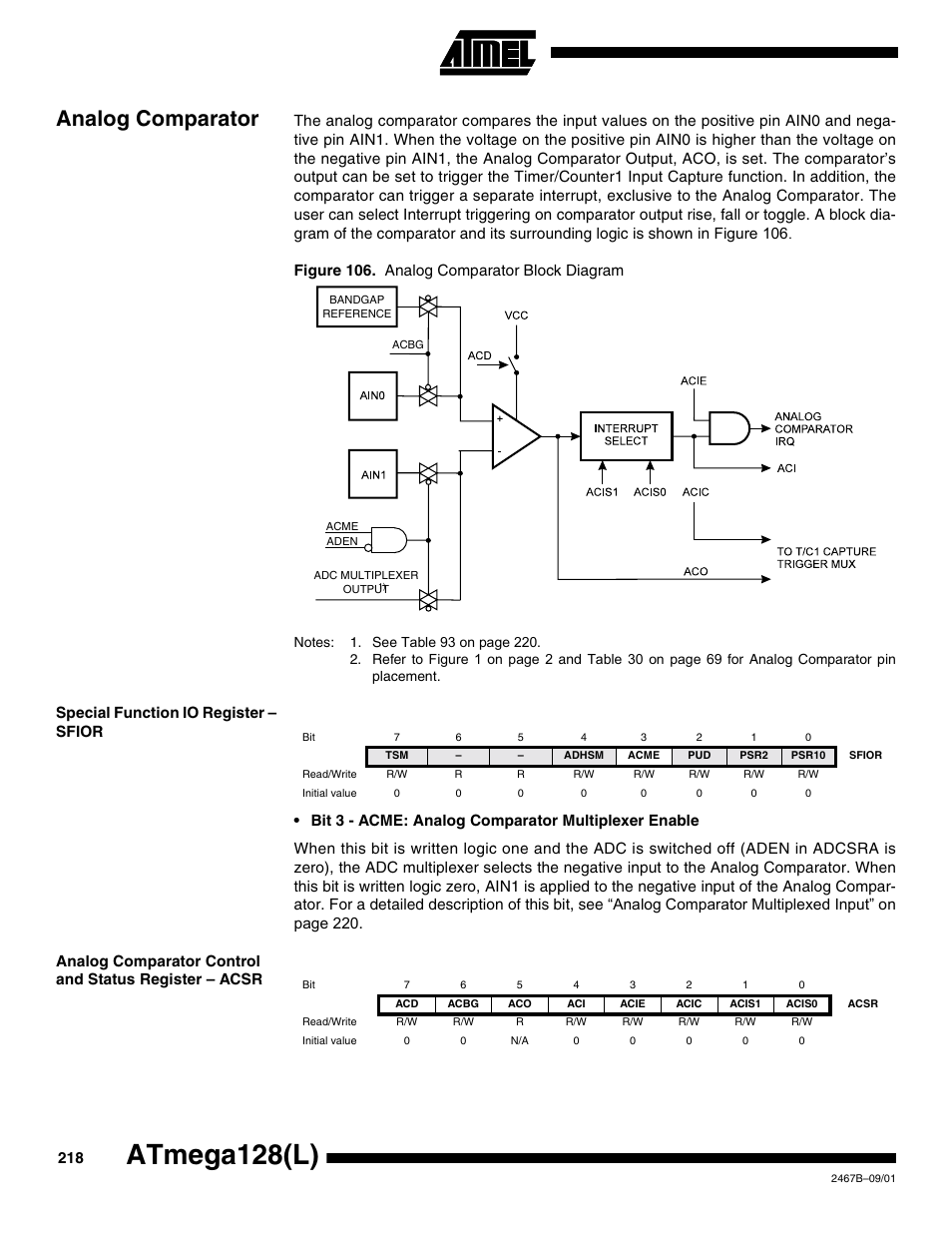 Analog comparator, Special function io register – sfior, Mode. refer to | Analog comparator” on, Atmega128(l) | Rainbow Electronics ATmega128L User Manual | Page 218 / 331