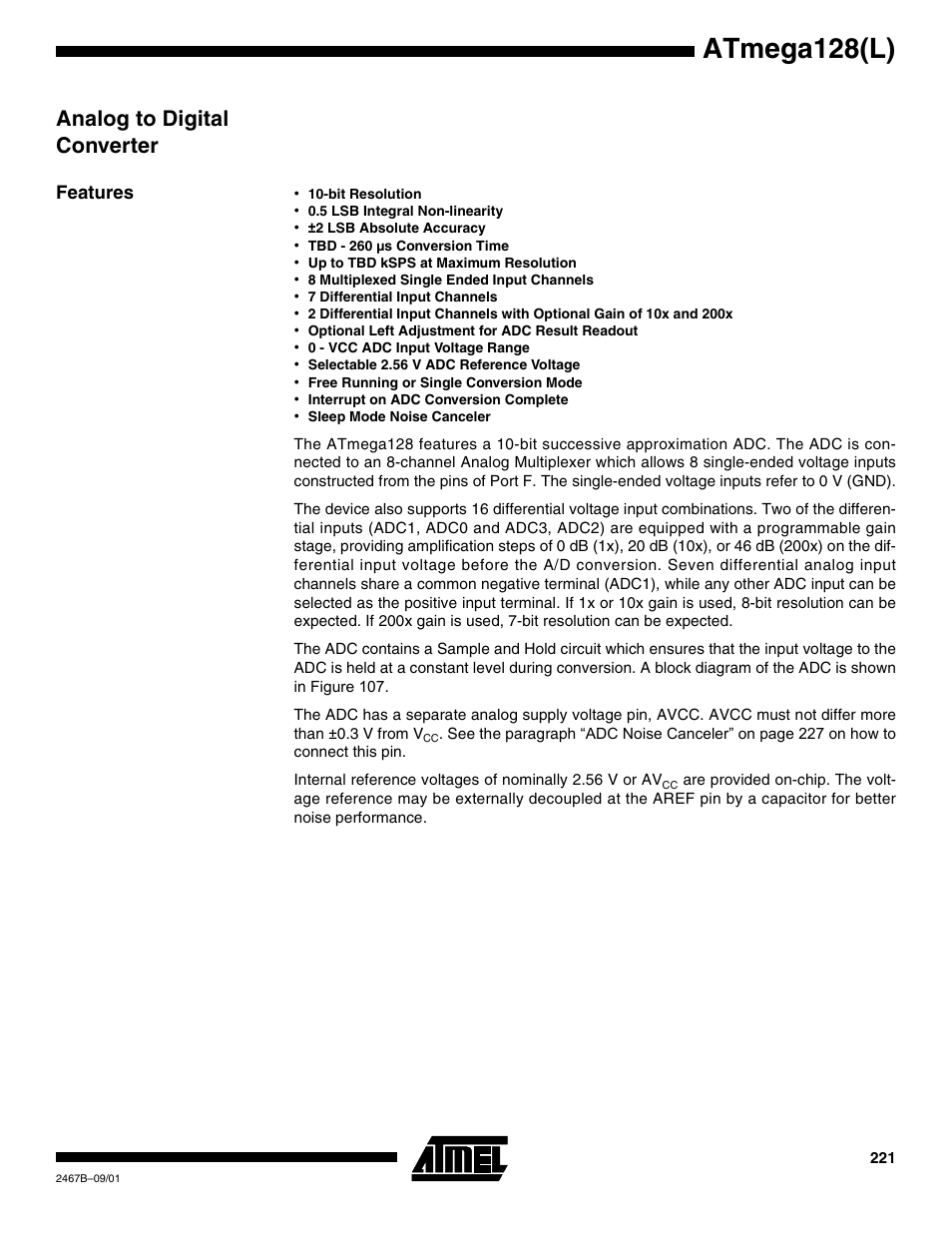 Analog to digital converter, Features, Analog to digital con | Atmega128(l) | Rainbow Electronics ATmega128L User Manual | Page 221 / 331