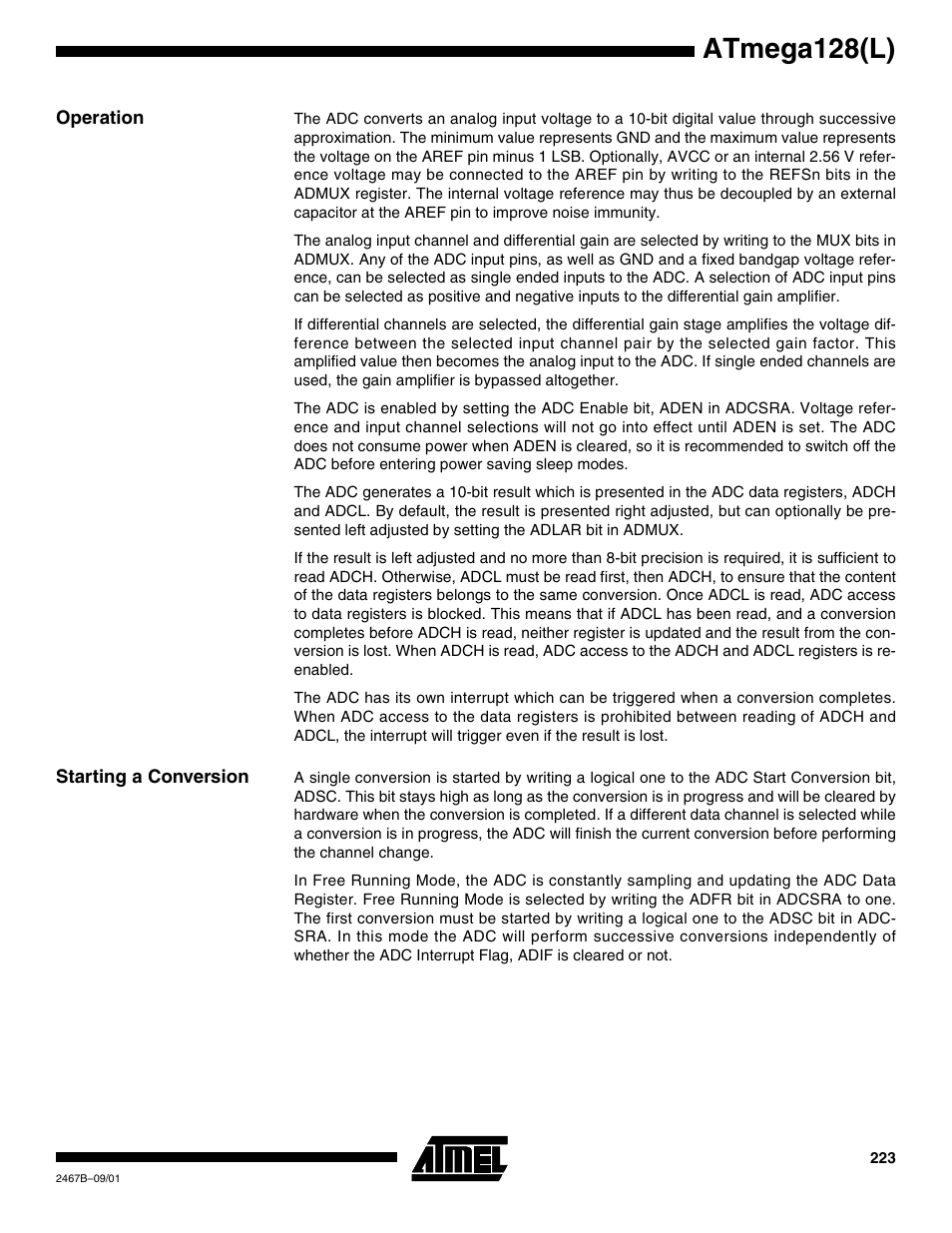 Operation, Starting a conversion, Atmega128(l) | Rainbow Electronics ATmega128L User Manual | Page 223 / 331