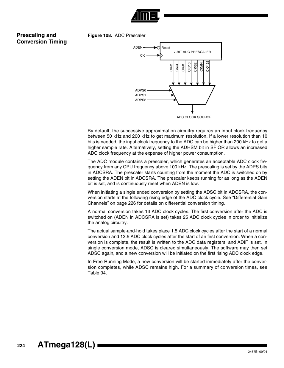Prescaling and conversion timing, Atmega128(l) | Rainbow Electronics ATmega128L User Manual | Page 224 / 331