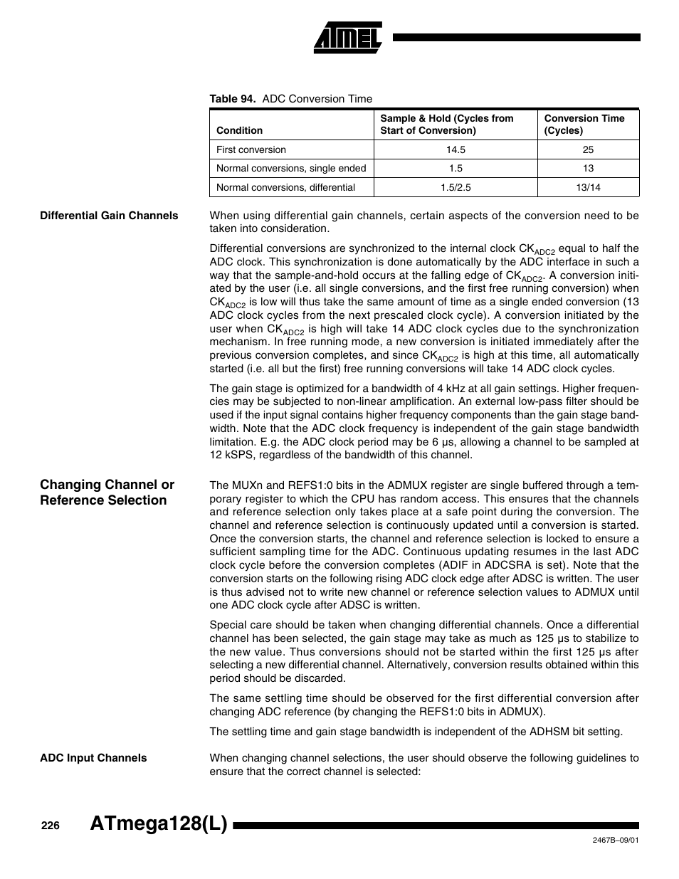 Differential gain channels, Changing channel or reference selection, Adc input channels | Atmega128(l) | Rainbow Electronics ATmega128L User Manual | Page 226 / 331