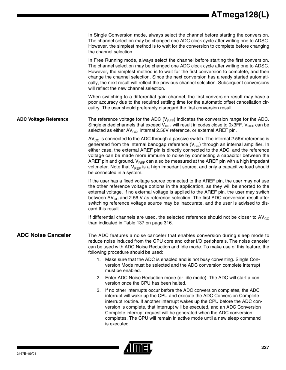 Adc voltage reference, Adc noise canceler, Atmega128(l) | Rainbow Electronics ATmega128L User Manual | Page 227 / 331