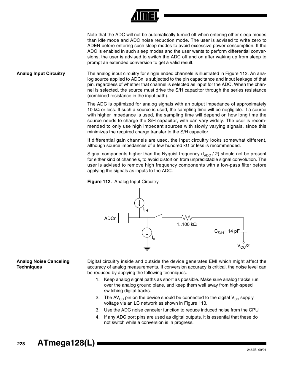 Analog input circuitry, Analog noise canceling techniques, Atmega128(l) | Rainbow Electronics ATmega128L User Manual | Page 228 / 331