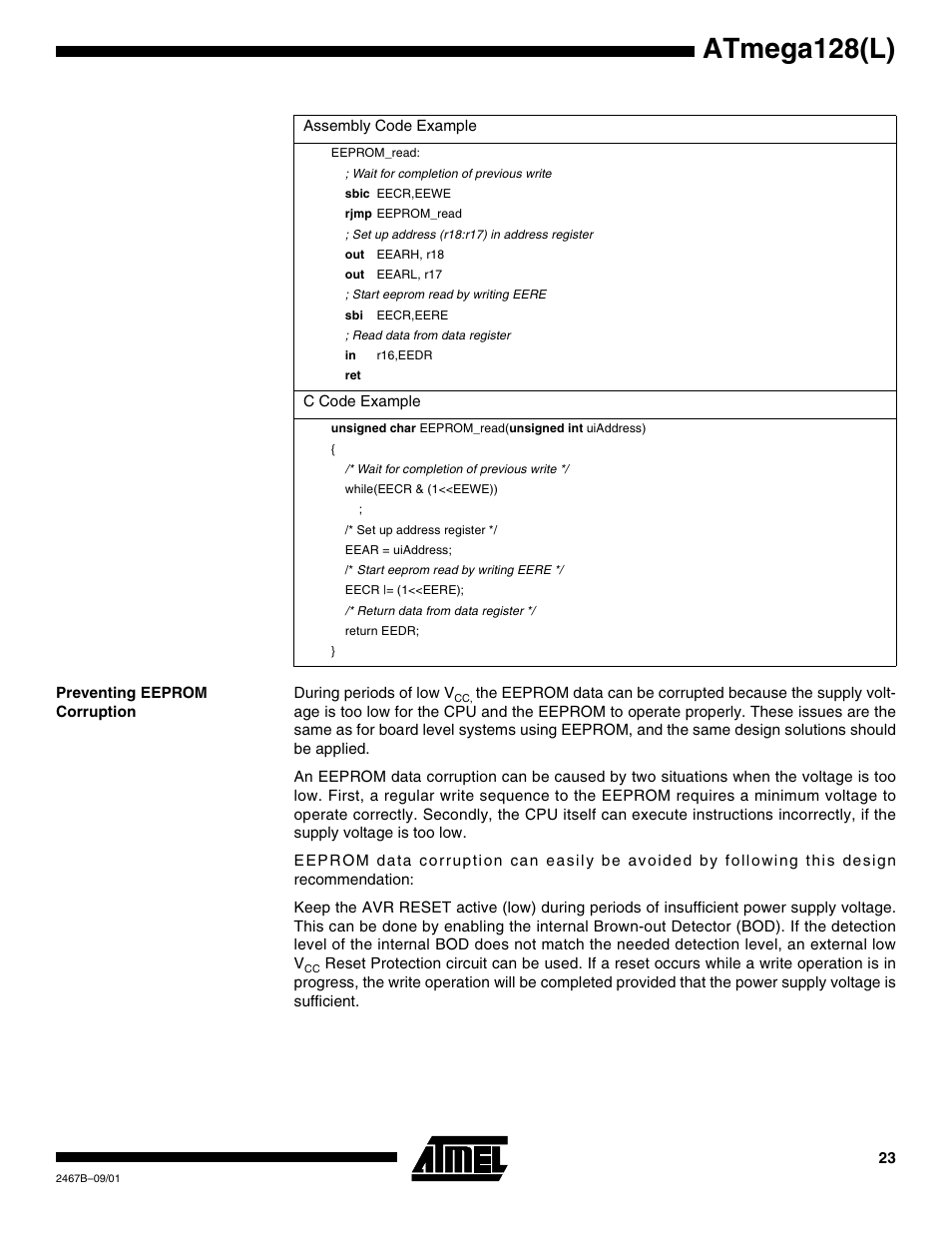 Preventing eeprom corruption, Atmega128(l) | Rainbow Electronics ATmega128L User Manual | Page 23 / 331