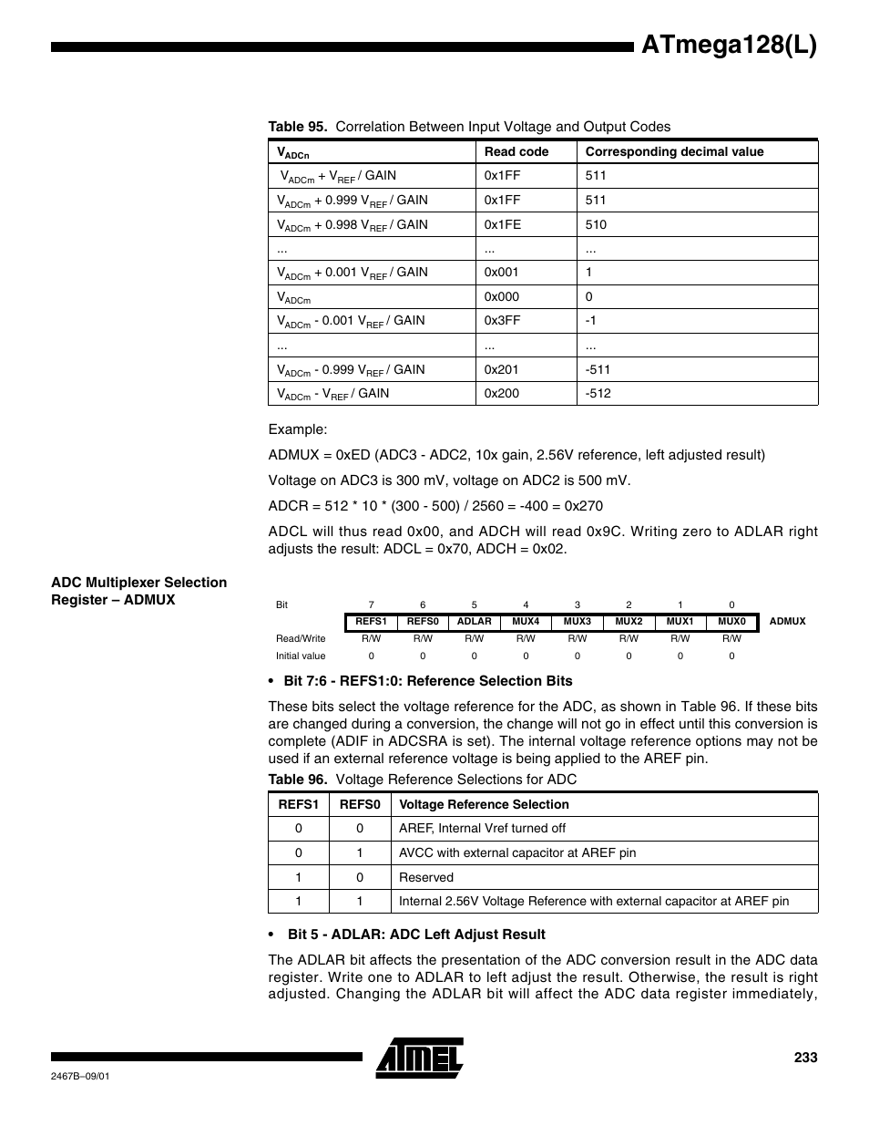Adc multiplexer selection register – admux, Table 95, Atmega128(l) | Rainbow Electronics ATmega128L User Manual | Page 233 / 331