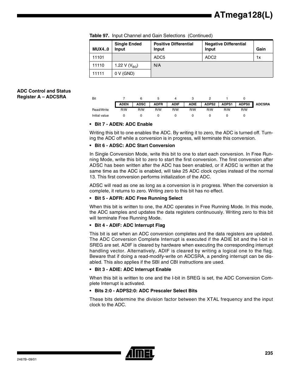 Adc control and status register a – adcsra, Atmega128(l) | Rainbow Electronics ATmega128L User Manual | Page 235 / 331