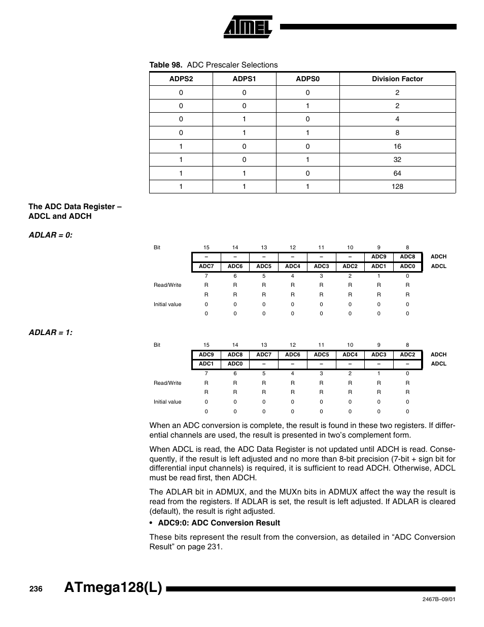 The adc data register – adcl and adch, Adlar = 0, Adlar = 1 | Atmega128(l) | Rainbow Electronics ATmega128L User Manual | Page 236 / 331