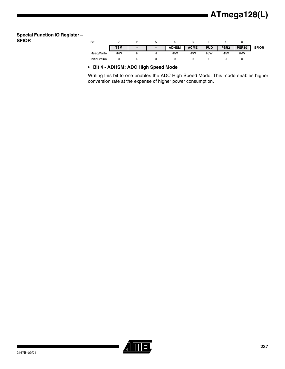 Special function io register – sfior, Atmega128(l) | Rainbow Electronics ATmega128L User Manual | Page 237 / 331