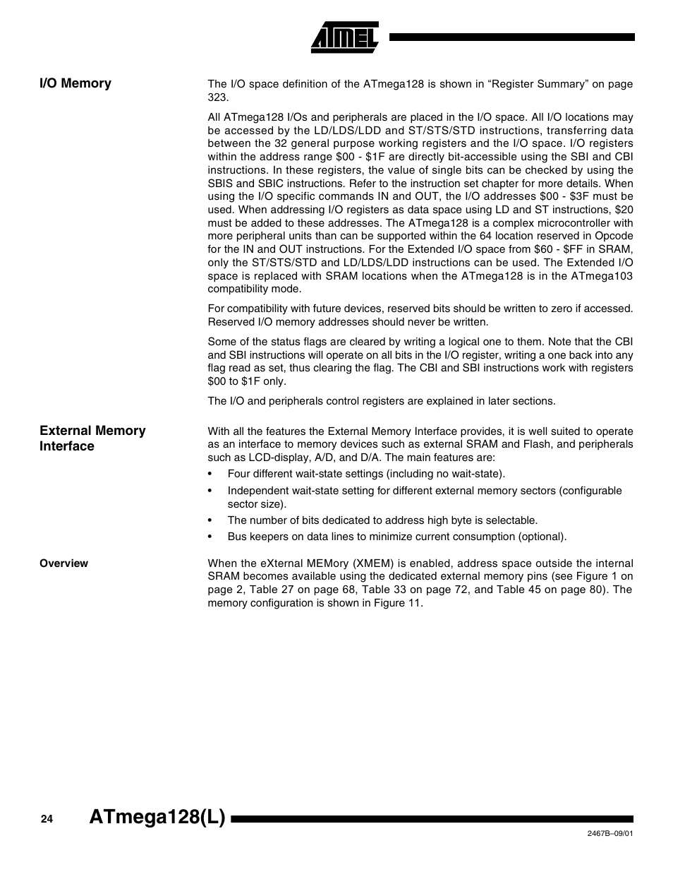 I/o memory, External memory interface, Overview | Atmega128(l) | Rainbow Electronics ATmega128L User Manual | Page 24 / 331