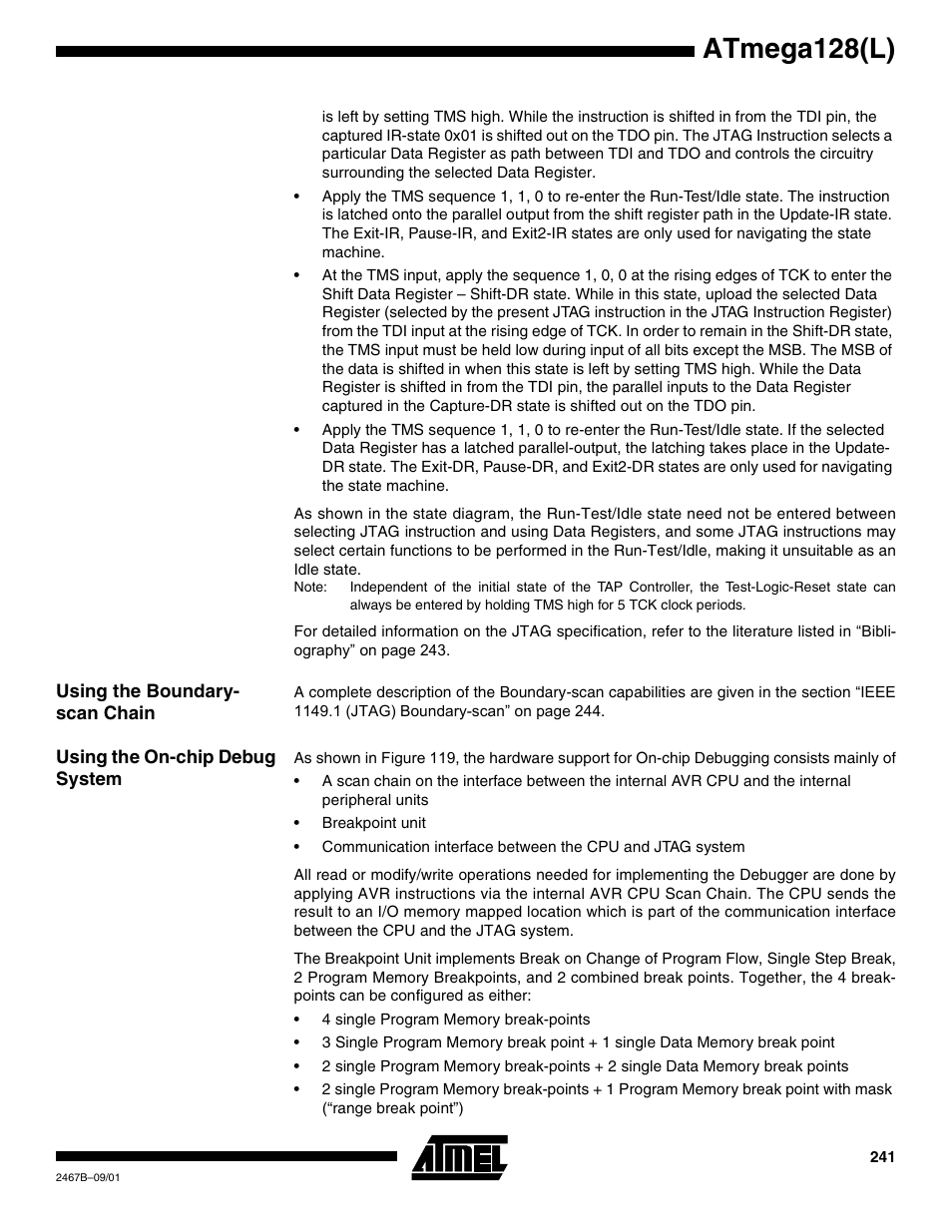 Using the boundary- scan chain, Using the on-chip debug system, Atmega128(l) | Rainbow Electronics ATmega128L User Manual | Page 241 / 331