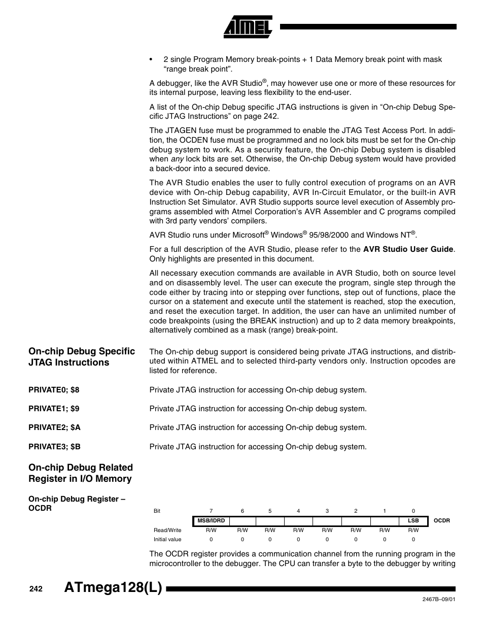 On-chip debug specific jtag instructions, Private0; $8, Private1; $9 | Private2; $a, Private3; $b, On-chip debug related register in i/o memory, On-chip debug register – ocdr, Atmega128(l) | Rainbow Electronics ATmega128L User Manual | Page 242 / 331