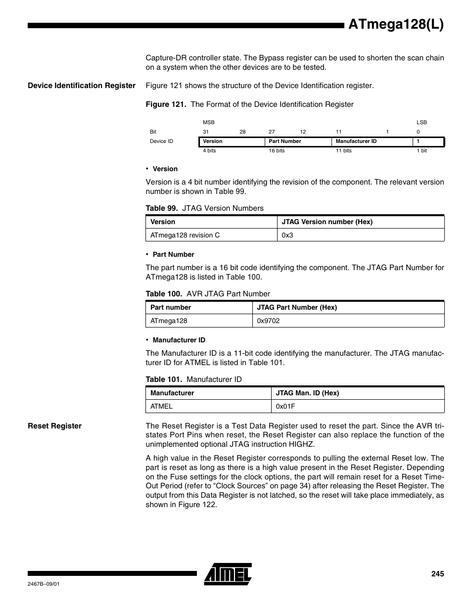 Device identification register, Reset register, Atmega128(l) | Rainbow Electronics ATmega128L User Manual | Page 245 / 331
