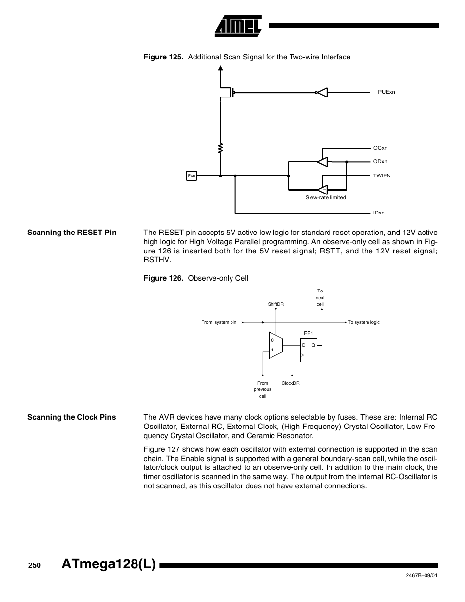 Scanning the reset pin, Scanning the clock pins, Atmega128(l) | Rainbow Electronics ATmega128L User Manual | Page 250 / 331