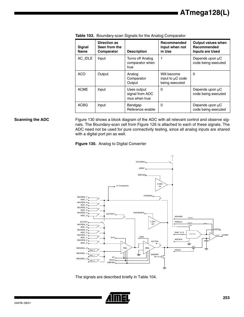 Scanning the adc, Table 103, Atmega128(l) | Rainbow Electronics ATmega128L User Manual | Page 253 / 331