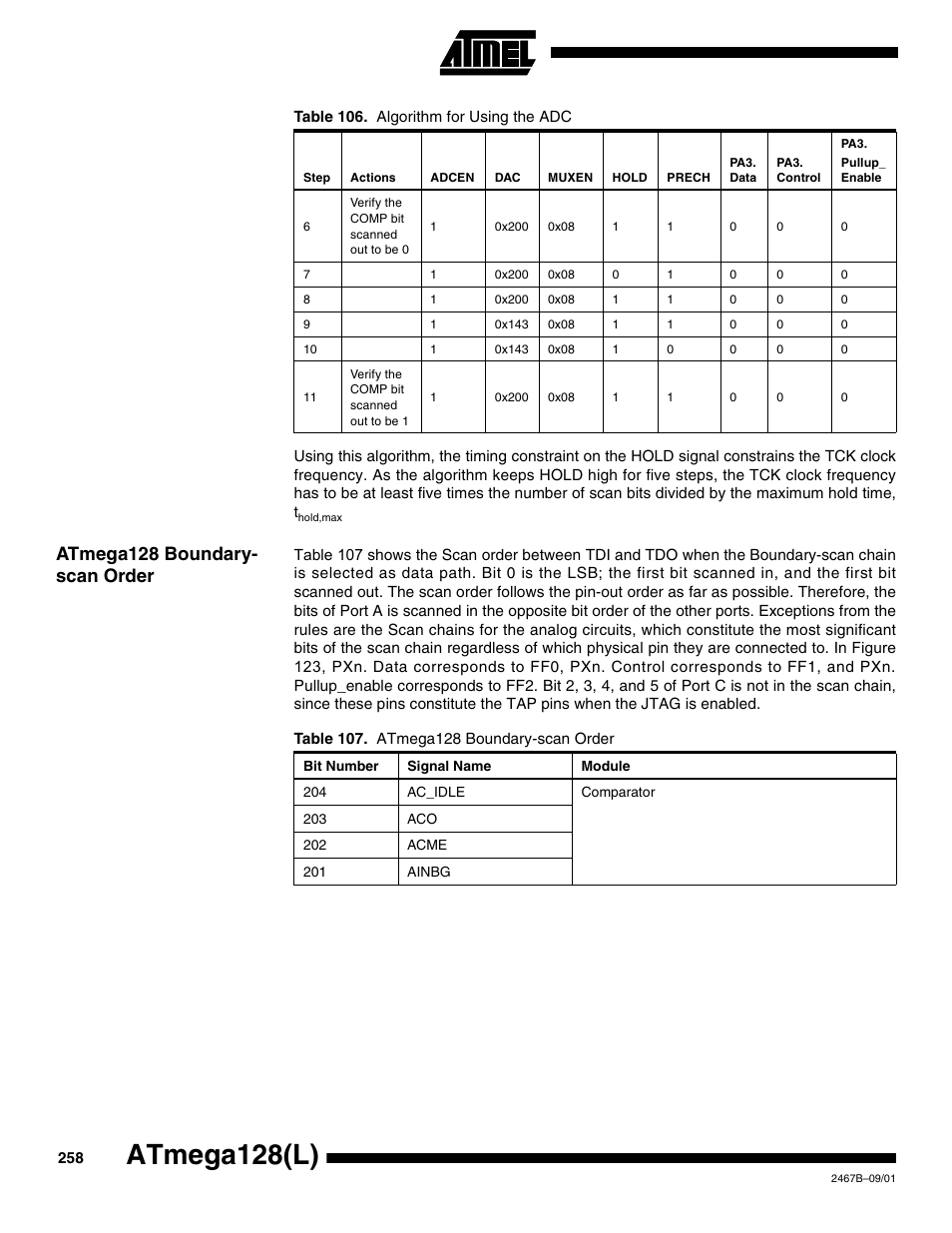 Atmega128 boundary- scan order, Atmega128(l) | Rainbow Electronics ATmega128L User Manual | Page 258 / 331