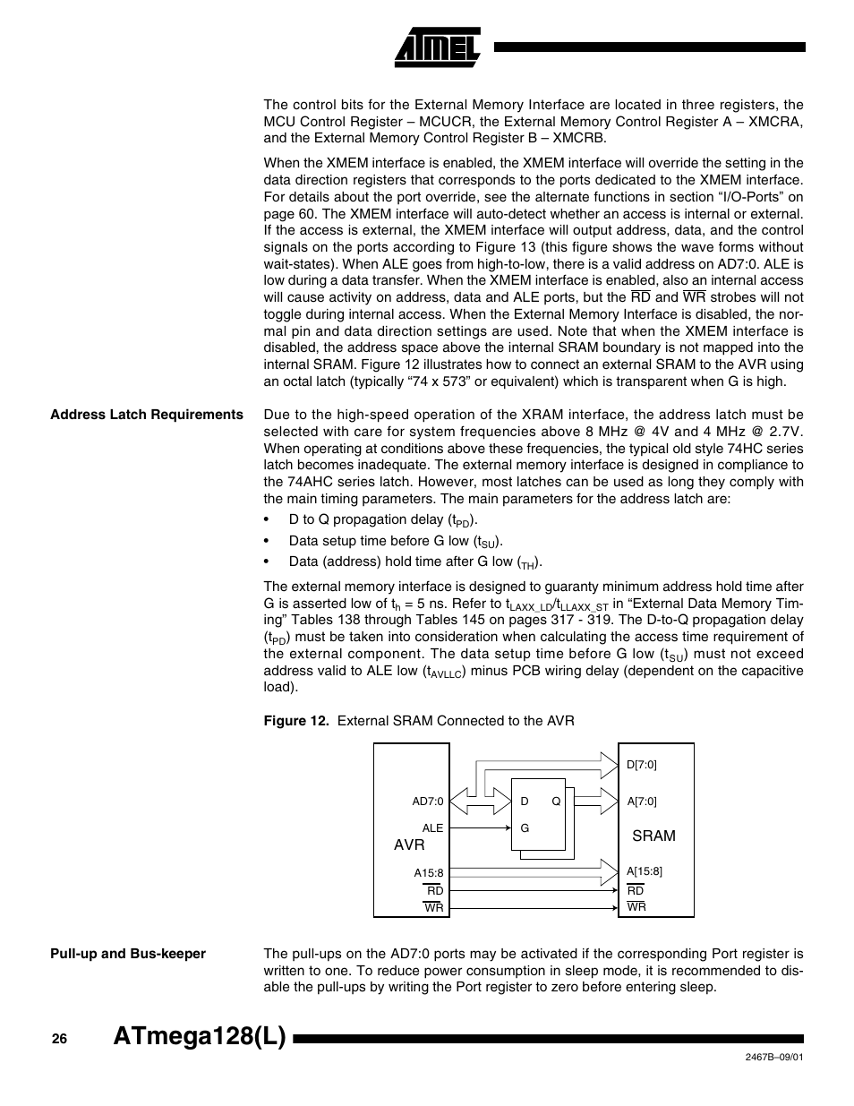 Address latch requirements, Pull-up and bus-keeper, Atmega128(l) | Rainbow Electronics ATmega128L User Manual | Page 26 / 331