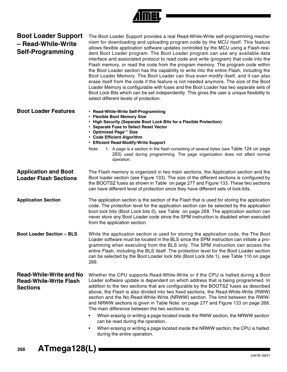 Boot loader features, Application and boot loader flash sections, Application section | Boot loader section – bls, Boot loader support – read, Boot loader, Atmega128(l) | Rainbow Electronics ATmega128L User Manual | Page 266 / 331