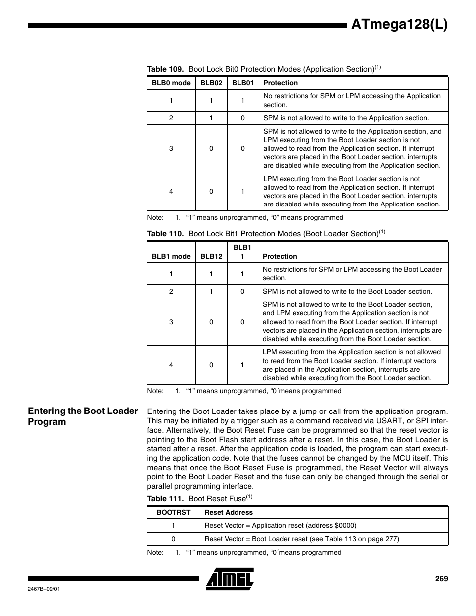 Entering the boot loader program, Table 109, Table 110 | Atmega128(l) | Rainbow Electronics ATmega128L User Manual | Page 269 / 331