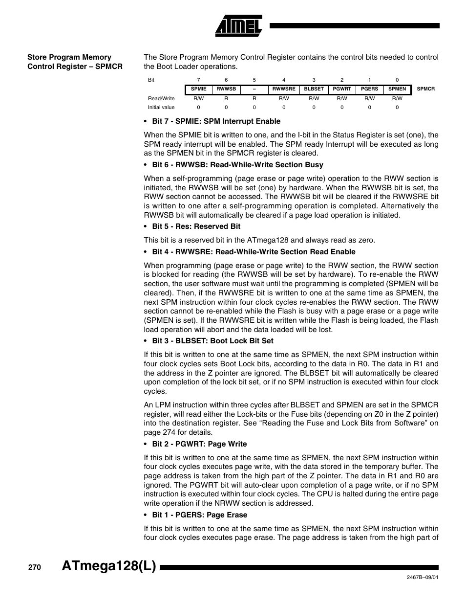 Store program memory control register – spmcr, Atmega128(l) | Rainbow Electronics ATmega128L User Manual | Page 270 / 331