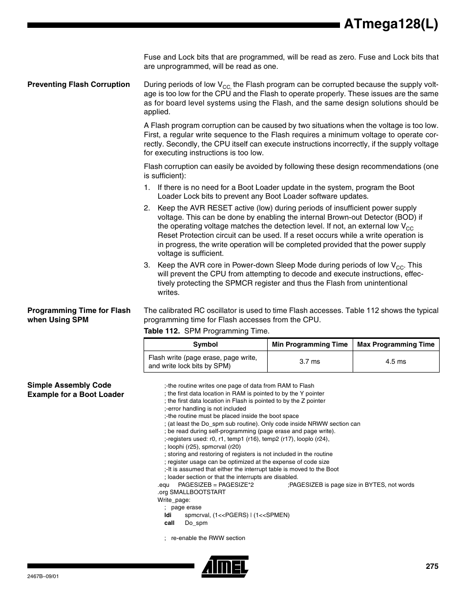 Preventing flash corruption, Programming time for flash when using spm, Simple assembly code example for a boot loader | Simple assem, Simple assembly, Atmega128(l) | Rainbow Electronics ATmega128L User Manual | Page 275 / 331