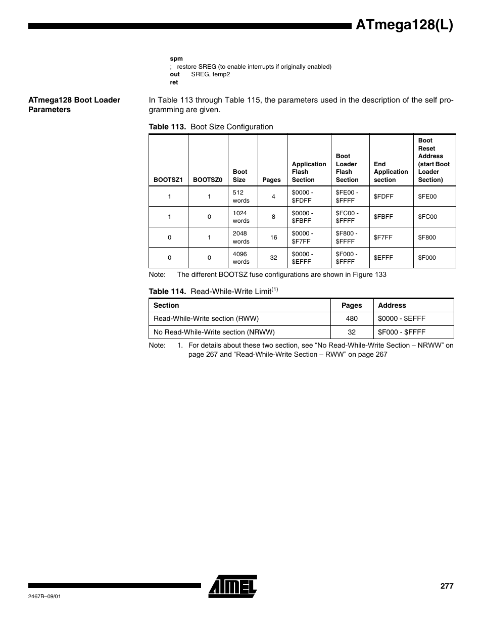 Atmega128 boot loader parameters, Atmega128(l) | Rainbow Electronics ATmega128L User Manual | Page 277 / 331