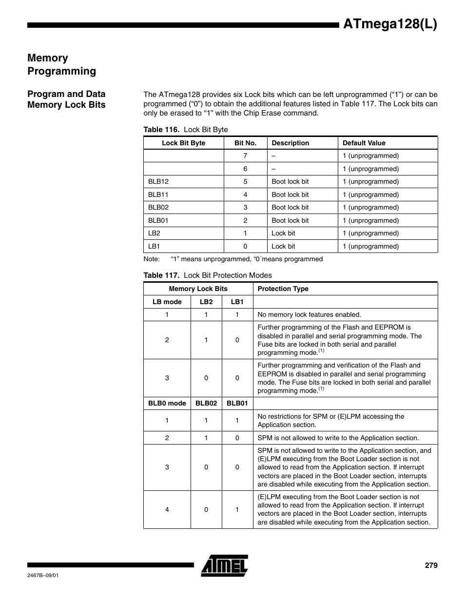 Memory programming, Program and data memory lock bits, Atmega128(l) | Rainbow Electronics ATmega128L User Manual | Page 279 / 331