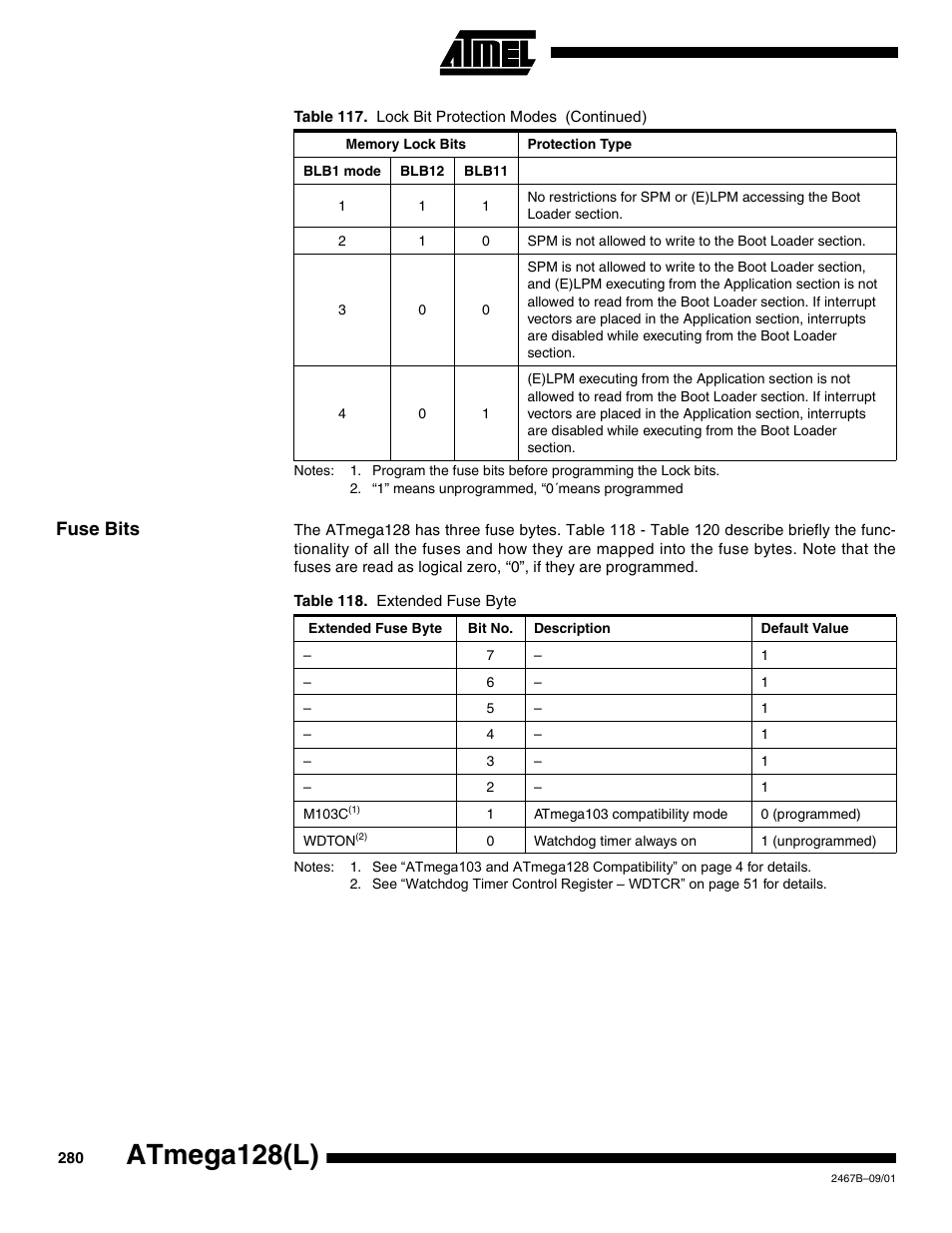 Fuse bits, Atmega128(l) | Rainbow Electronics ATmega128L User Manual | Page 280 / 331