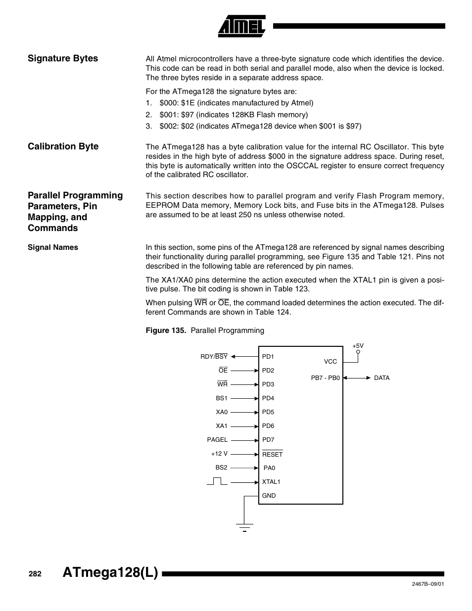 Signature bytes, Calibration byte, Signal names | Atmega128(l) | Rainbow Electronics ATmega128L User Manual | Page 282 / 331
