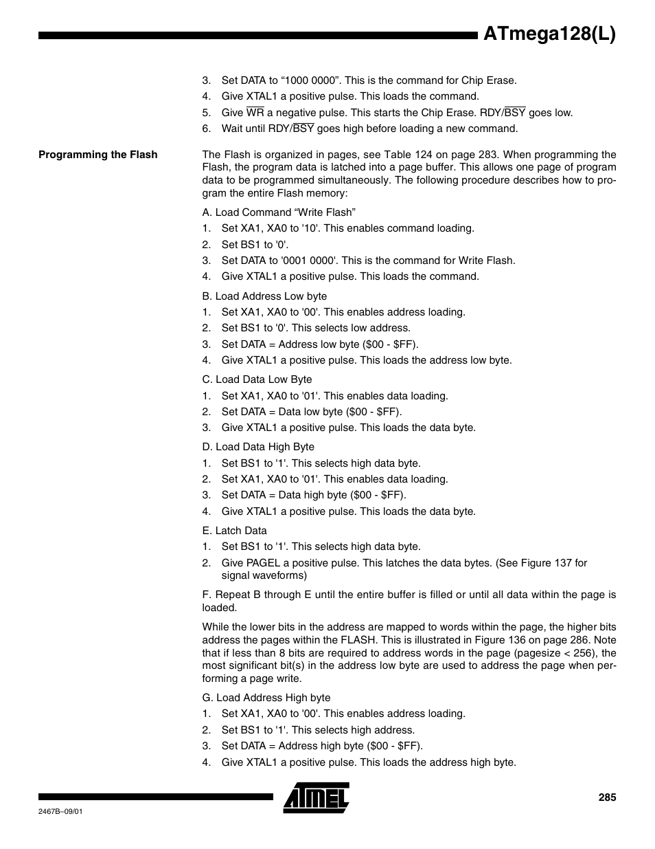 Programming the flash, Atmega128(l) | Rainbow Electronics ATmega128L User Manual | Page 285 / 331