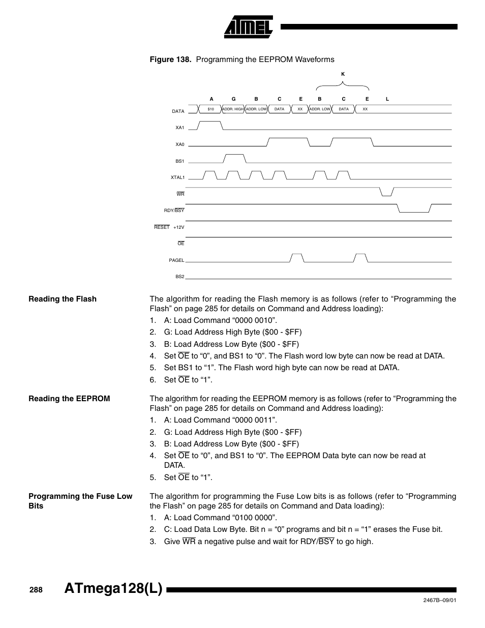 Reading the flash, Reading the eeprom, Programming the fuse low bits | Figure 138 fo, Atmega128(l) | Rainbow Electronics ATmega128L User Manual | Page 288 / 331