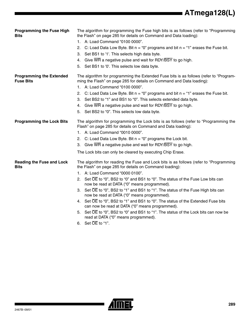 Programming the fuse high bits, Programming the extended fuse bits, Programming the lock bits | Reading the fuse and lock bits, Atmega128(l) | Rainbow Electronics ATmega128L User Manual | Page 289 / 331