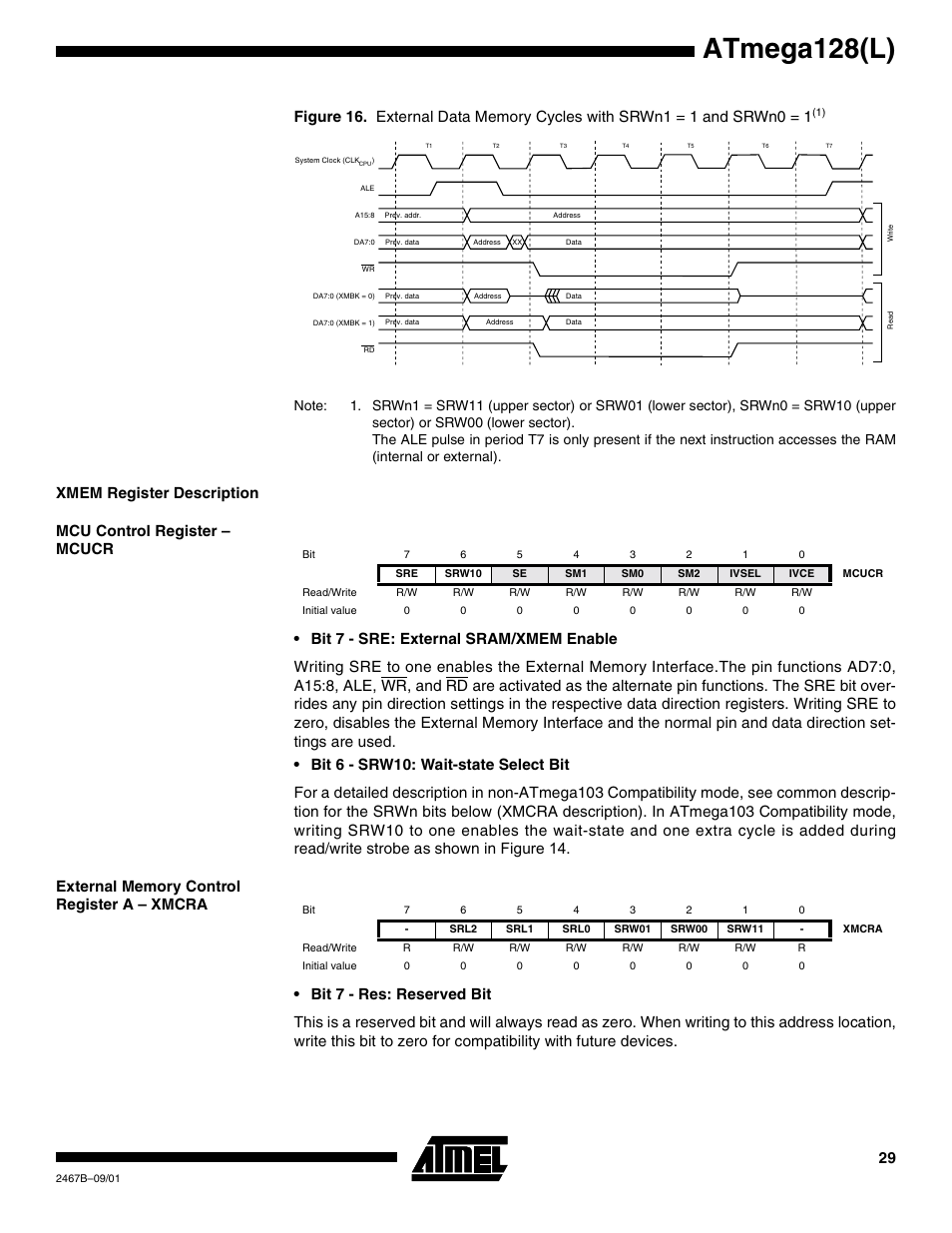 Xmem register description, Mcu control register – mcucr, External memory control register a – xmcra | Atmega128(l) | Rainbow Electronics ATmega128L User Manual | Page 29 / 331