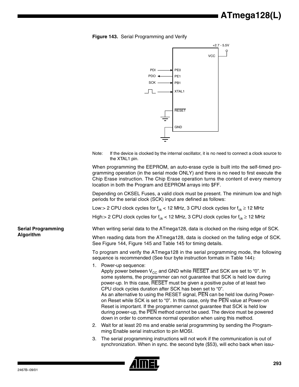 Serial programming algorithm, Atmega128(l) | Rainbow Electronics ATmega128L User Manual | Page 293 / 331