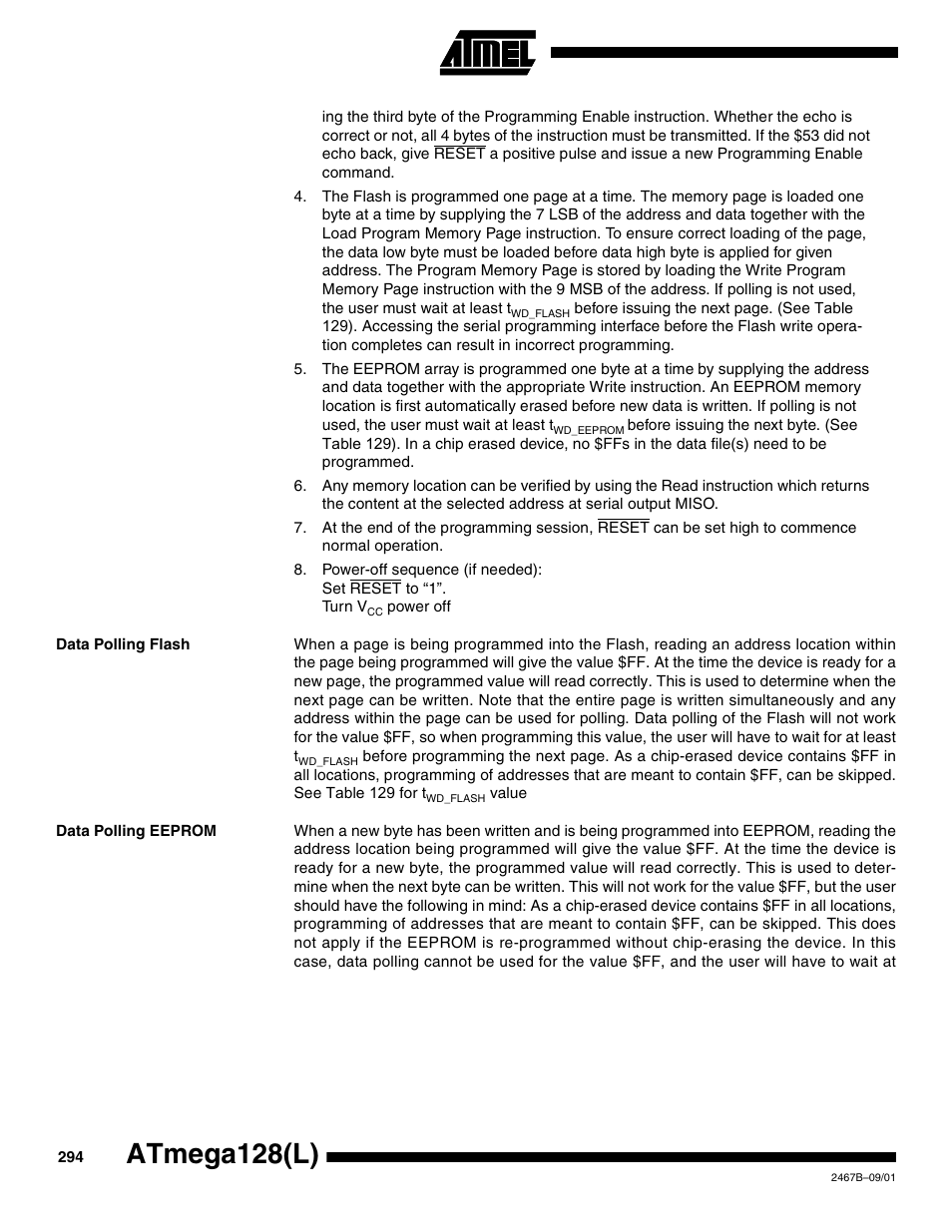 Data polling flash, Data polling eeprom, Atmega128(l) | Rainbow Electronics ATmega128L User Manual | Page 294 / 331