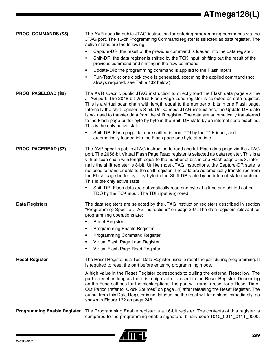 Prog_commands ($5), Data registers, Reset register | Programming enable register, Atmega128(l) | Rainbow Electronics ATmega128L User Manual | Page 299 / 331