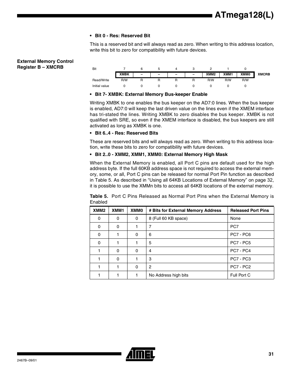 External memory control register b – xmcrb, External memory control reg, Atmega128(l) | Rainbow Electronics ATmega128L User Manual | Page 31 / 331