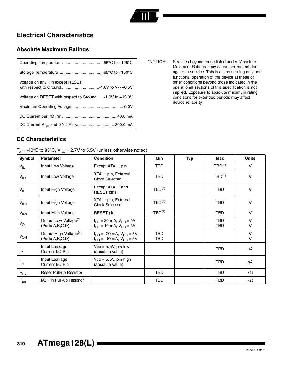 Electrical characteristics, Absolute maximum ratings, Dc characteristics | 310 for, Electrical, Atmega128(l), Absolute maximum ratings* dc characteristics | Rainbow Electronics ATmega128L User Manual | Page 310 / 331