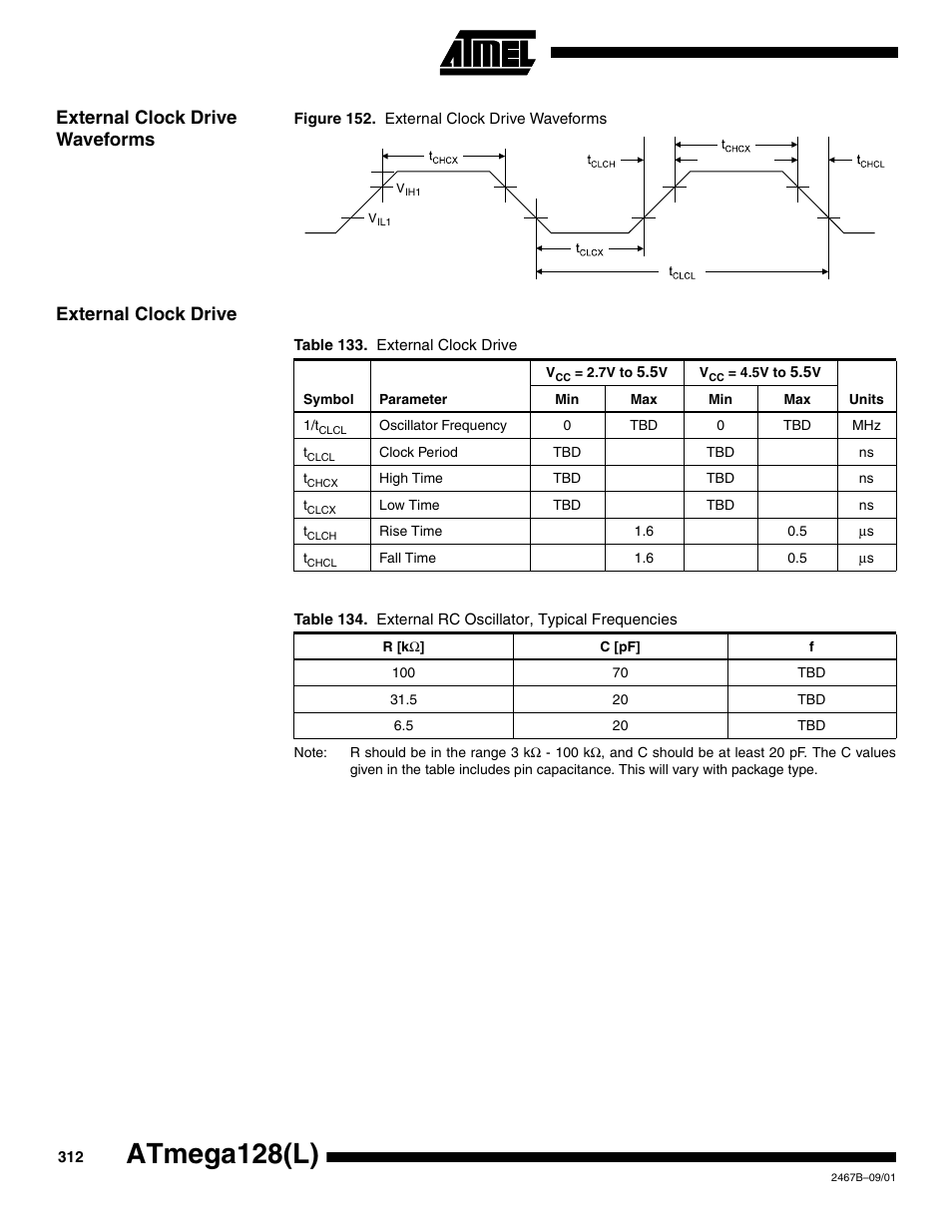 External clock drive waveforms, External clock drive, Atmega128(l) | Rainbow Electronics ATmega128L User Manual | Page 312 / 331