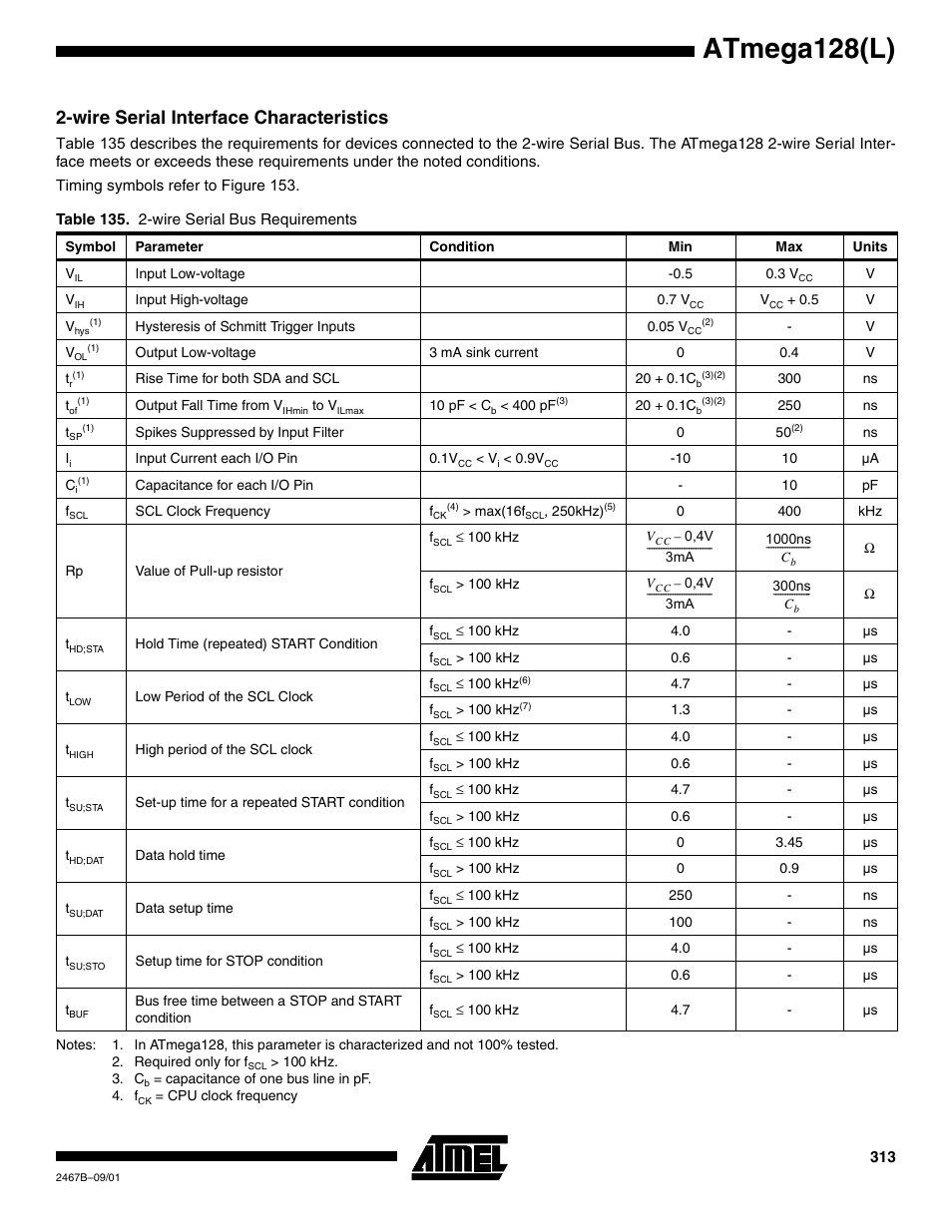 Wire serial interface characteristics, Atmega128(l) | Rainbow Electronics ATmega128L User Manual | Page 313 / 331