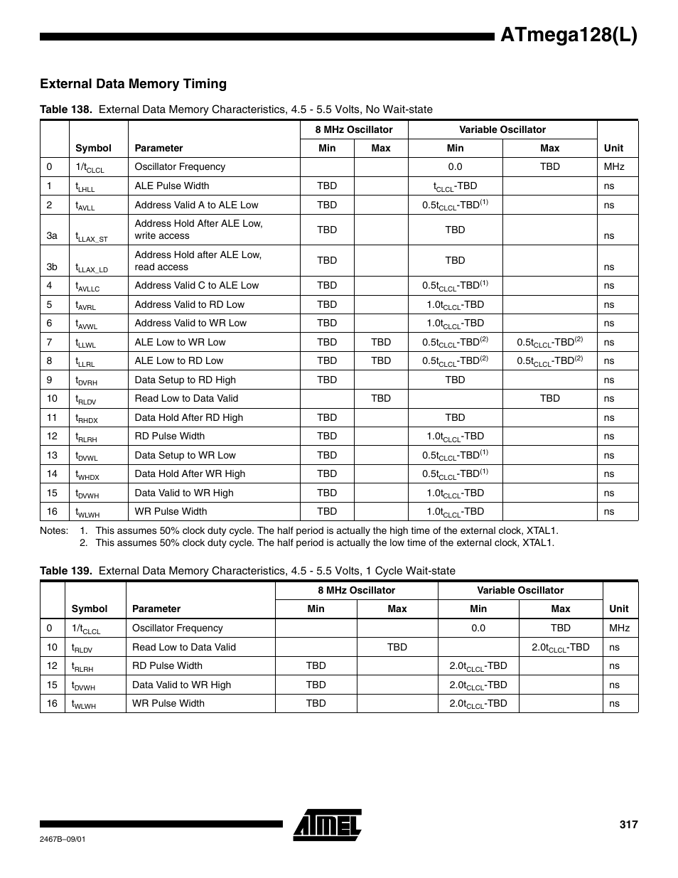 External data memory timing, In “external data memory tim, Tables 138 | S 317, Table 138, Atmega128(l) | Rainbow Electronics ATmega128L User Manual | Page 317 / 331