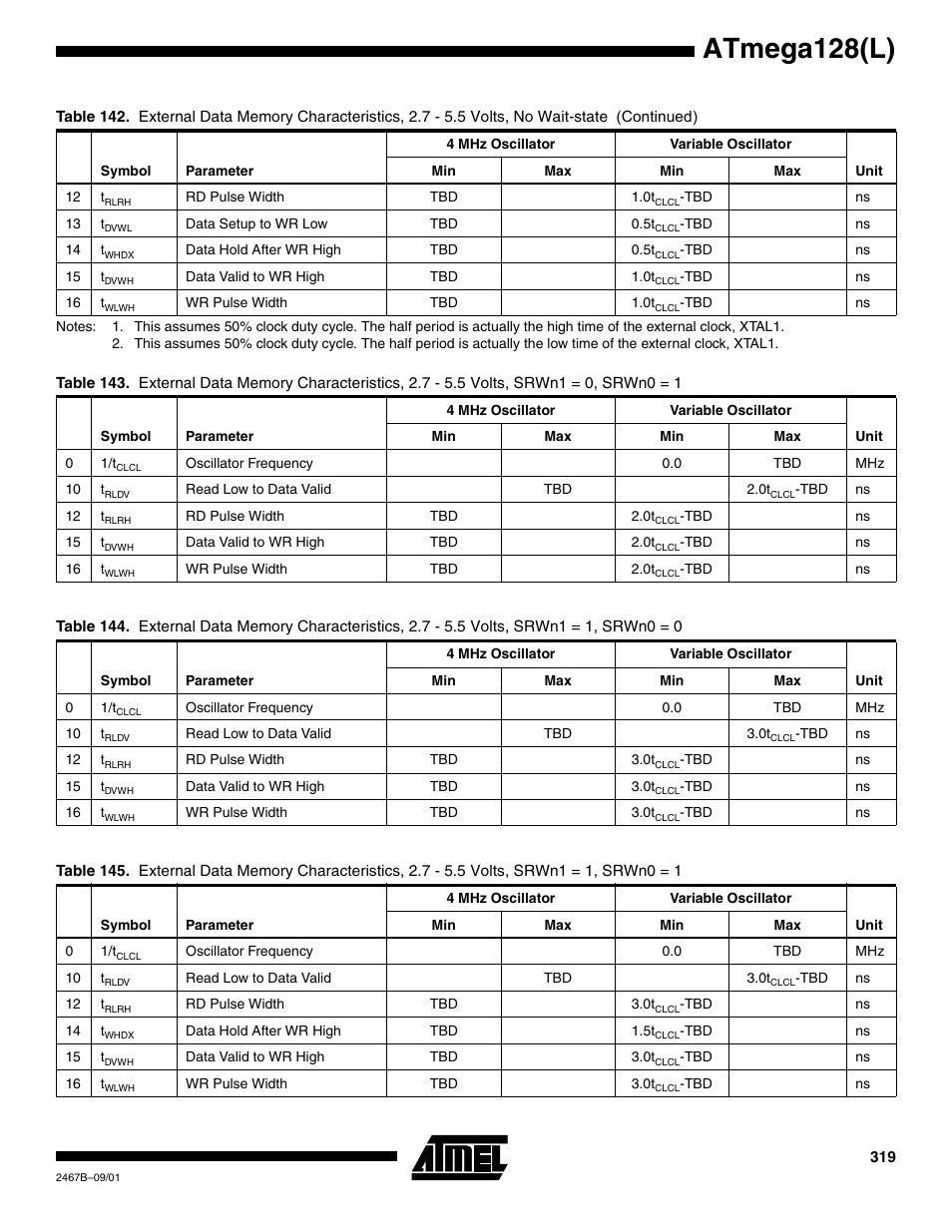Tables 145 on, Tables, Table 145 a | Atmega128(l) | Rainbow Electronics ATmega128L User Manual | Page 319 / 331